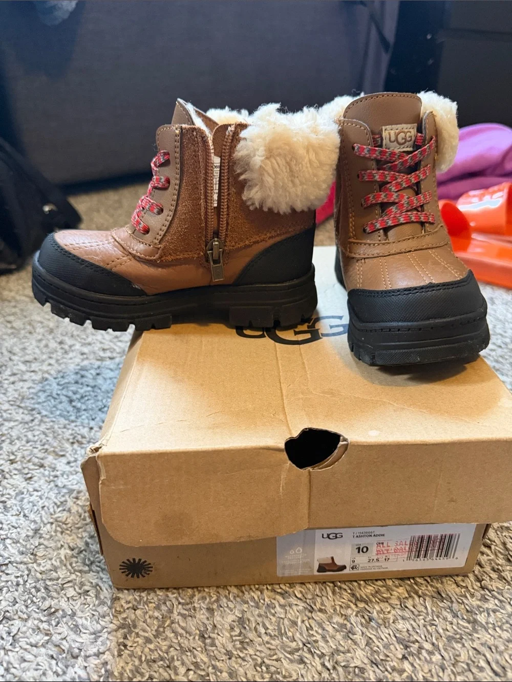 UGG Kids Brown and Black Faux-Fur Winter Boots with Red Accent Laces